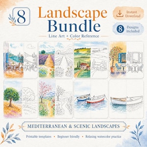 Può includere: Un pacchetto digitale con 8 disegni di paesaggi che includono illustrazioni ad acquerello e modelli di arte lineare. Il testo include 8 Landscape Bundle, Line Art + Color Reference, Instant Download, 8 Designs Included e Mediterranean & Scenic Landscapes.
