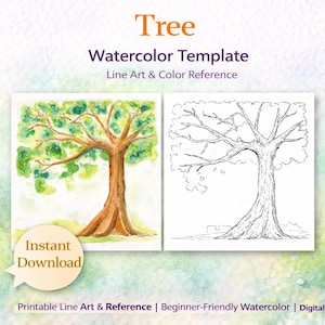 Puede incluir: Una plantilla de acuarela digital con dos ilustraciones de árboles. Una es una pintura de acuarela coloreada de un árbol con hojas verdes y un tronco marrón. La otra es una versión en blanco y negro. El texto incluye "Tree" y "Watercolor Template".