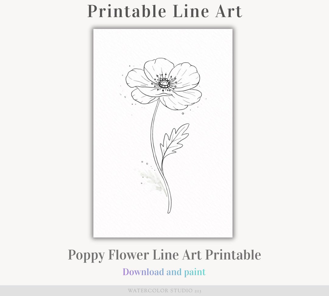 Poppy Line Art Printable, Watercolor Outline PNG, Floral Coloring Page ...
