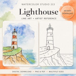 May include: A digital download titled Watercolor Studio 213 Lighthouse Line Art + Artist Reference. The image displays two side-by-side illustrations of a lighthouse on a cliff, one in watercolor and one in black and white line art.