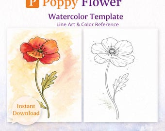 Poppy Watercolor Paint Along Kit Printable 4x6 Line Art Botanical Outline Instant Download