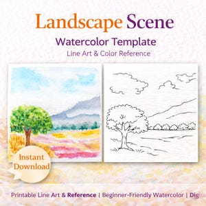 May include: A watercolor template titled "Landscape Scene" with line art and color reference. The image shows a colorful landscape and a line art version. The text "Instant Download" is also visible.
