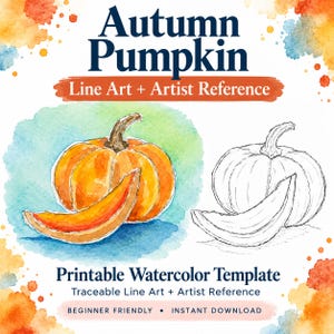May include: A printable watercolour template featuring the text Autumn Pumpkin Line Art + Artist Reference. The image displays a painted orange pumpkin with a slice, alongside a black and white line art version of the same pumpkin and slice.