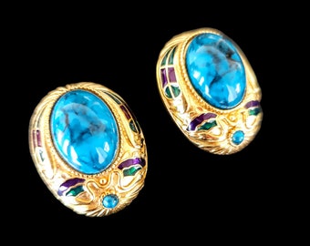 Vintage 1980s Edgar Berebi Limited Edition Blue Nile Egyptian Scarab Earrings Clip Backs