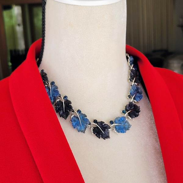 Vintage Lisner Shades of Blue Lucite Oak Leaf & Rhinestone Necklace