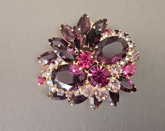 Vintage D & E Juliana Purple and Fuchsia Rhinestone Brooch Owl Style Pin