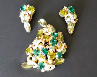 Vintage 1960s Green Rhinestone Brooch & Earring Set