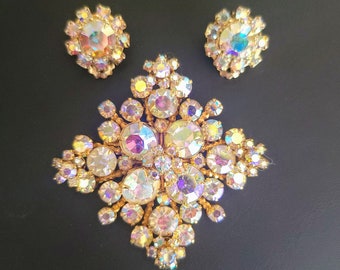 Vintage AB Rhinestone Brooch & Earring Set