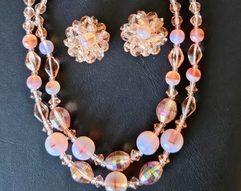 Vintage West Germany Peach Beaded 2 Strand Necklace & Earring Set