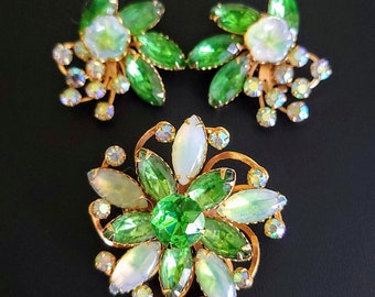 Vintage Beau Jewels Moonglow Stone & Green Rhinestone Brooch and Earring Set