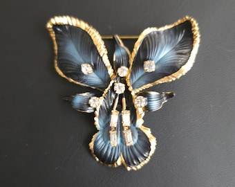 Vintage Black Orchid Enamel & Rhinestone Brooch Pin