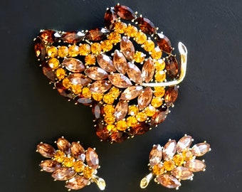 Vintage Rhinestone Leaf Brooch & Earring Set