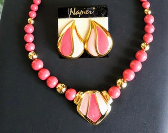 Vintage Napier 1980s Beaded and Enameled Necklace & Earring Set