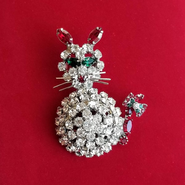 RESERVED FOR KL Vintage Red and Green Rhinestone Cat Brooch Christmas Kitty Pin