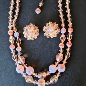 Vintage West Germany Peach Beaded 2 Strand Necklace & Earring Set