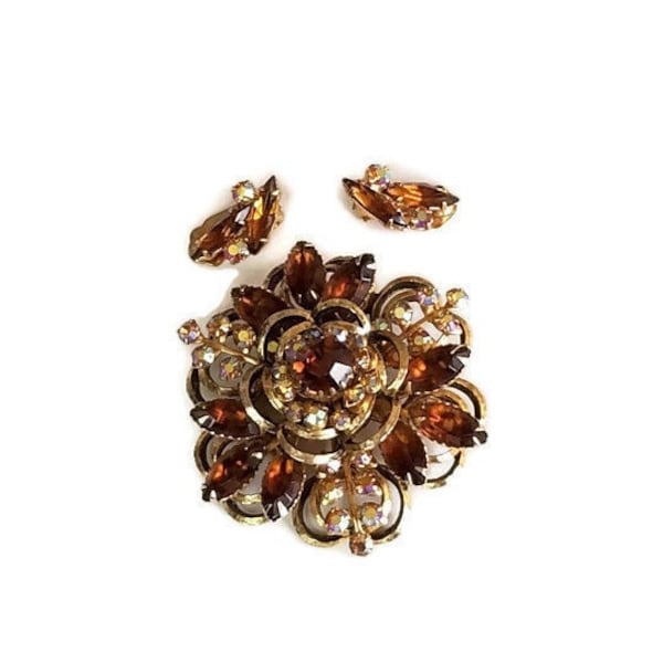 Vintage Selini Topaz Rhinestone Brooch & Earring Set