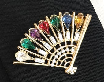 Vintage Crown Trifari DEAREST Rhinestone Fan Brooch Pin