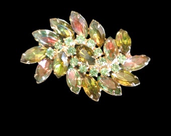 Vintage Heliotrope Watermelon Stone & Green Rhinestone Brooch Pin