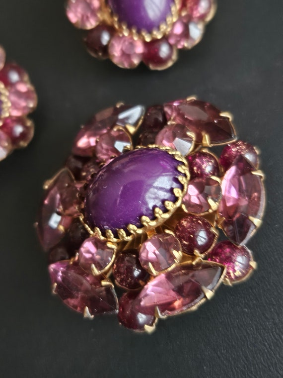 Vintage Purple and Pink Rhinestone Brooch & Earri… - image 3