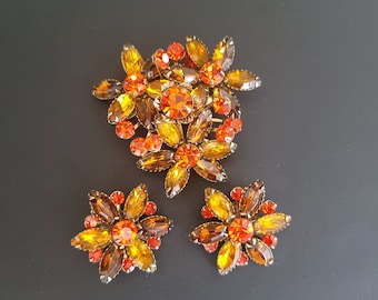 Vintage Judy Lee Orange and Topaz Rhinestone Brooch & Earring Set