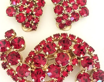 Red Rhinestone Brooch and Earring Set, S Shaped Brooch, Vintage Red Rhinestone Brooch and Earring Set, Vintage Jewelry Set