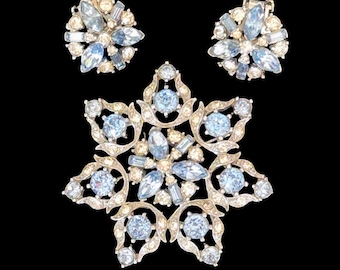 Vintage Bogoff Signed Blue and Clear Rhinestone Brooch & Earring Set