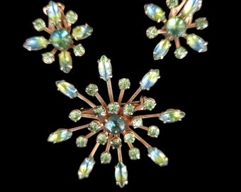 Vintage Blue Green Rhinestone Brooch & Earring Set