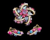 Vintage Weiss Signed Rhinestone Brooch and Earring Set, Fuchsia, Purple and Peacock Rhinestones Pinwheel Star Shape