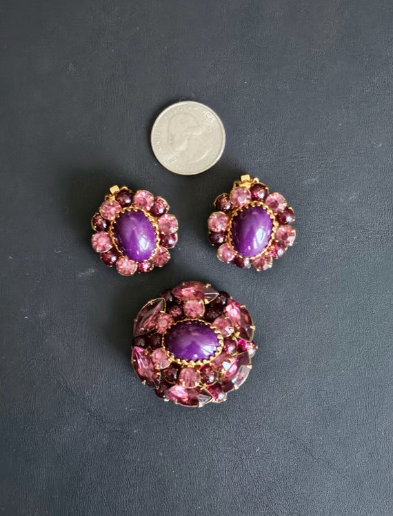 Vintage Purple and Pink Rhinestone Brooch & Earri… - image 2