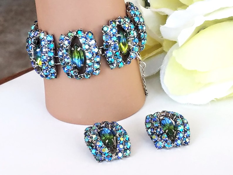 Blue and Green Rhinestones Rhinestone Bracelet and Earring Set Vintage Link Style Bracelet /& Earring Set Demi Parure AB Rhinestones