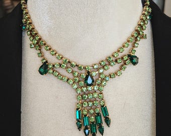 Vintage Green Rhinestone Bib Style Choker Necklace