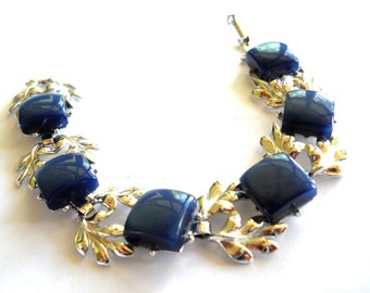 Vintage Bracelet, Blue/Gray Thermoset Plastic Moonglow Effect, Silver Tone Leaves