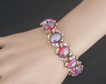 Vintage Coro Red AB Iridescent Ribbed Melon Glass Rhinestone Bracelet