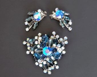 Vintage Beau Jewels Blue and AB Rhinestone Brooch & Earring Set