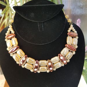 Vintage Necklace, Tan and Bronze Glass Beads, AB Rhinestones, Signed Made West Germany