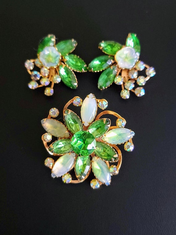 Vintage Beau Jewels Moonglow Stone & Green Rhines… - image 1