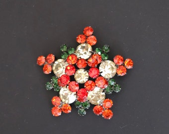 Vintage D&E Juliana Orange, Yellow and Green Rhinestone Brooch Pin Verified