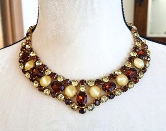 Vintage Rhinestone and Faux Moonstone Bib Style Necklace