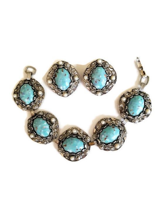 Vintage Faux Turquoise and Faux Pearl Bracelet an… - image 7