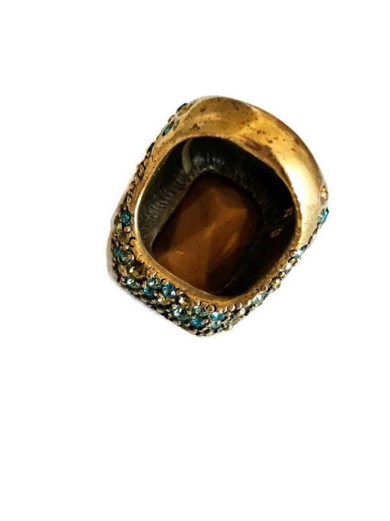 Vintage Signed Hobe Green and Blue Rhinestone Huge Statement Ring