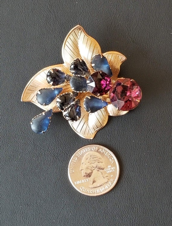 Vintage Purple and Blue Rhinestone Leaf Brooch Pin - image 2