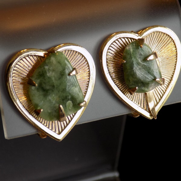 Vintage Coro Earrings Moss Agate Tumbled Green Stone Heart Shape Gold Tone Clip Backs Signed