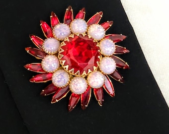 Festive Judy Lee Ruby Red Rhinestone and Faux Opal Brooch Pin