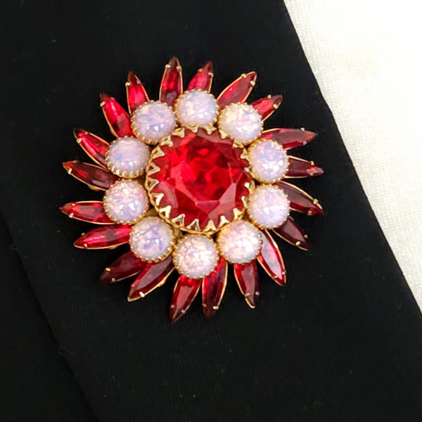 Festive Judy Lee Ruby Red Rhinestone and Faux Opal Brooch Pin