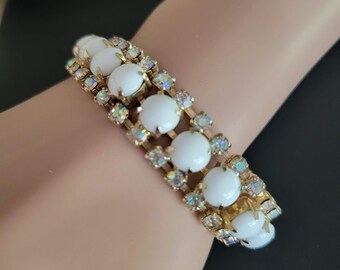 Vintage White Milk Glass and AB Rhinestone Bracelet