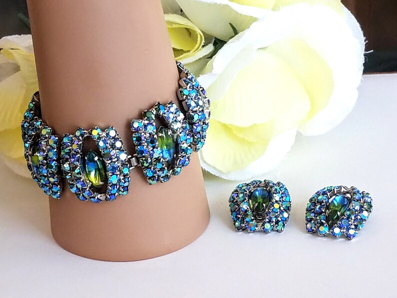 Blue and Green Rhinestones Rhinestone Bracelet and Earring Set Vintage Link Style Bracelet /& Earring Set Demi Parure AB Rhinestones