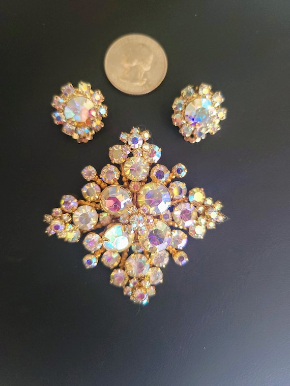 Vintage AB Rhinestone Brooch & Earring Set - image 2