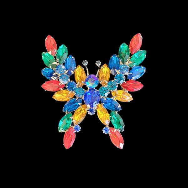 Vintage Large Multi Color Rhinestone Butterfly Brooch, Figural Rhinestone Butterfly Pin