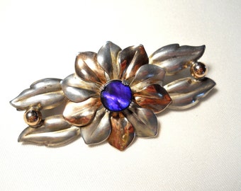 Kreisler Sterling Silver Flower Brooch, Blue Stone Center Signed Vintage 1940s