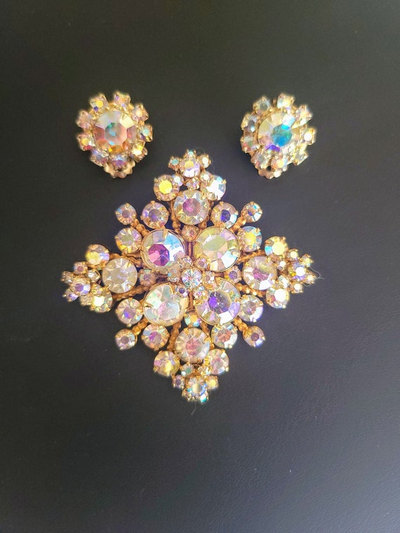 Vintage AB Rhinestone Brooch & Earring Set - image 1